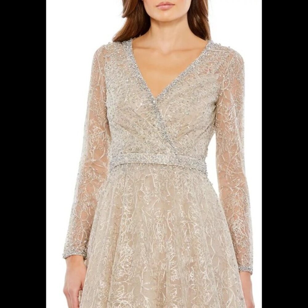 NWT Mac Duggal Embellished Wrap Over Long Sleeve Midi Dress Taupe Size 6 - Picture 5 of 14